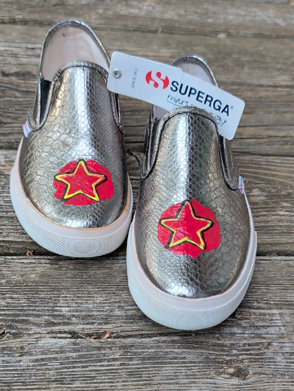 Superga Metallic Silver Slip-On Sneakers with Hand-painted Red Stars